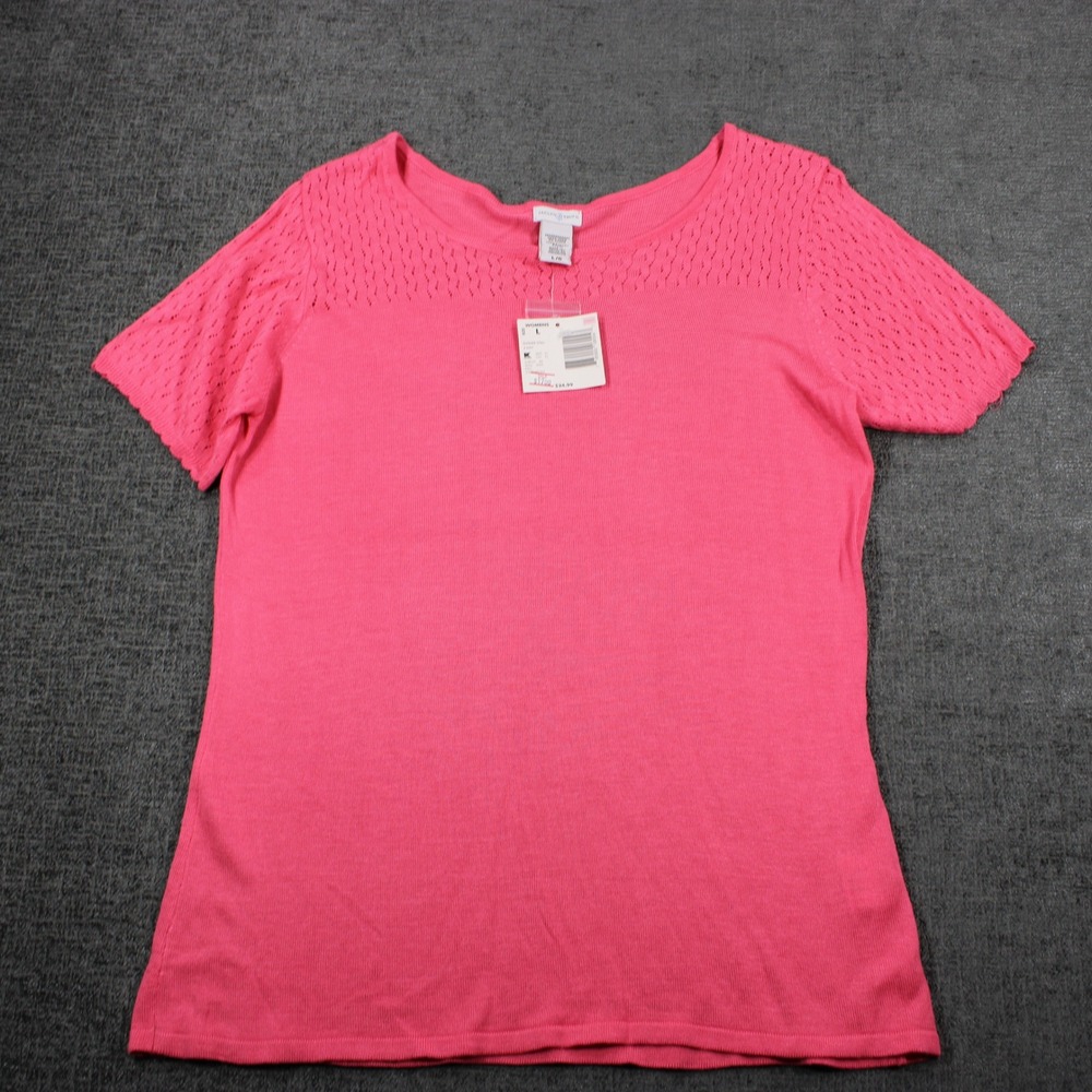 Jaclyn Smith Womens Pink Pointelle Short Sleeve Knit Top Rayon Size L NWT